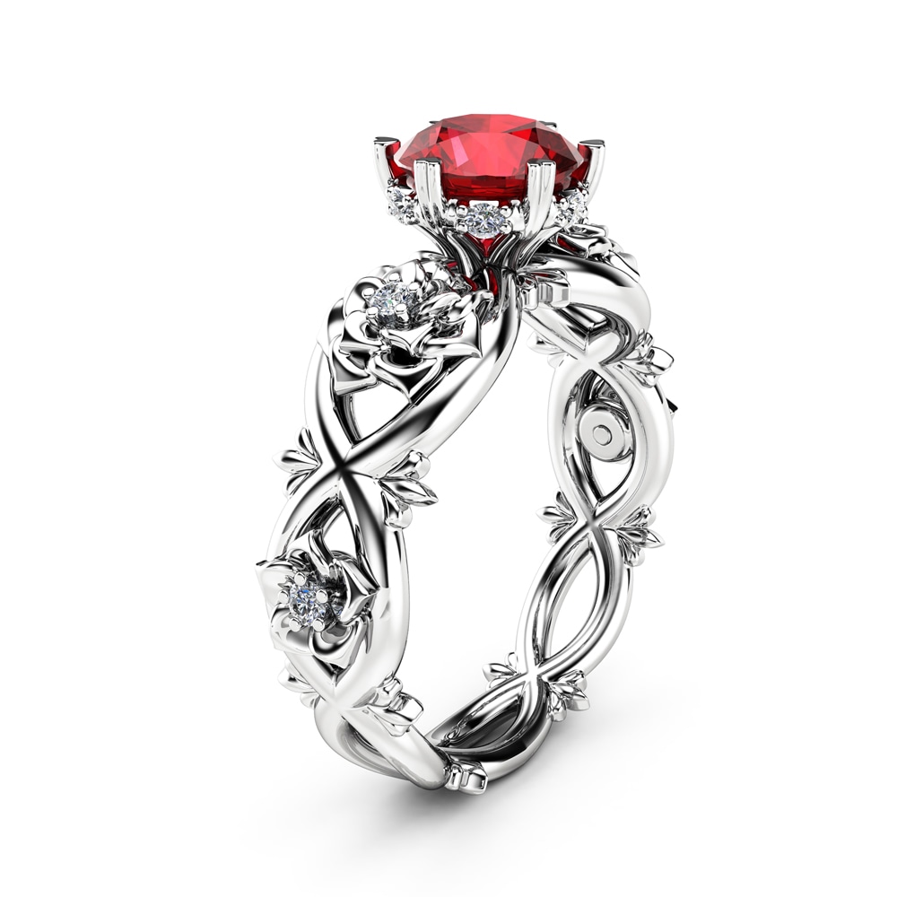 Ruby Halo Engagement Ring 14K White Gold w/ Diamonds