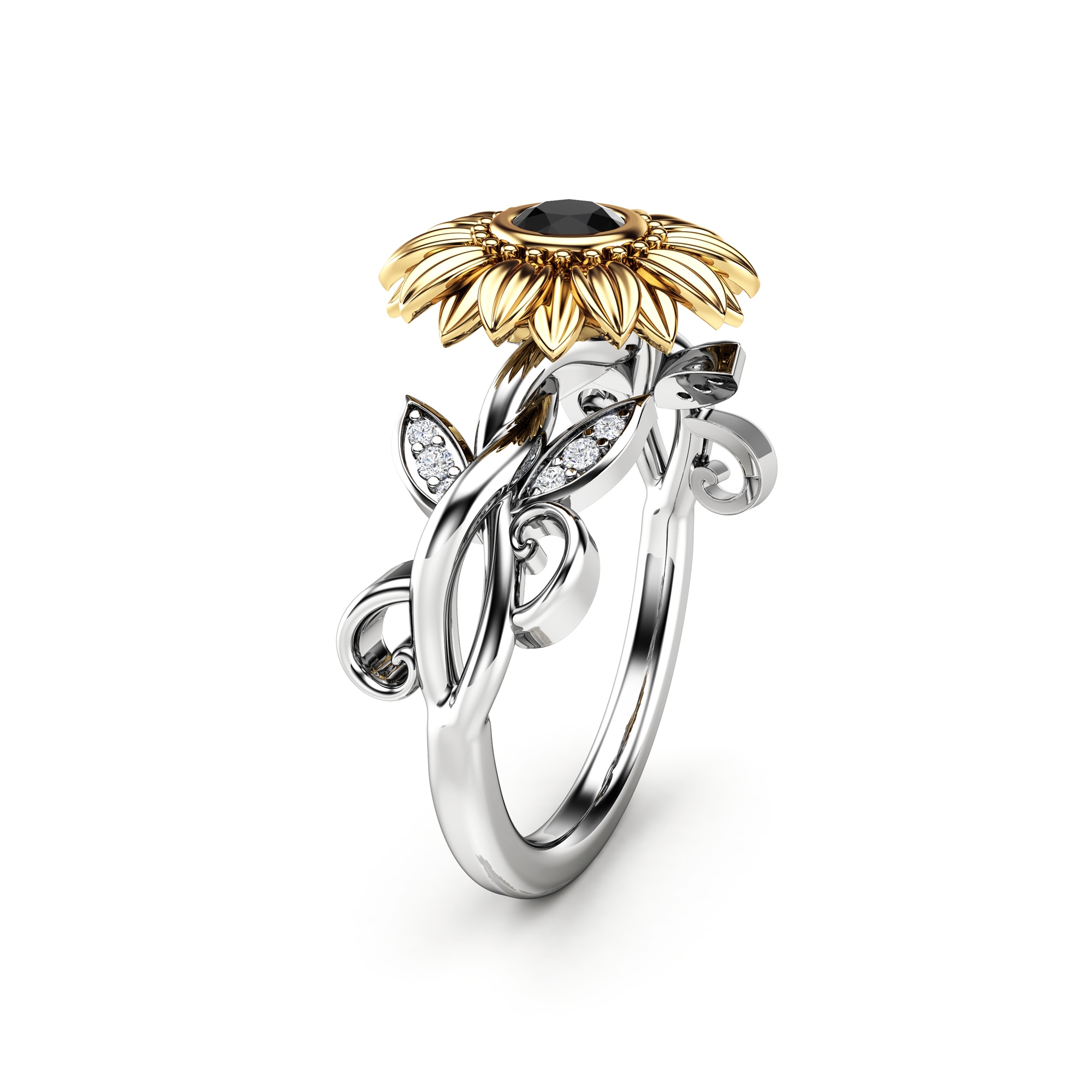 14k Gold Black Diamond Engagement Ring / Unique Sunflower Wedding Ring /  Flower Engagement Ring / Sunflower Ring / Floral Black Diamond Ring - Camellia  Jewelry
