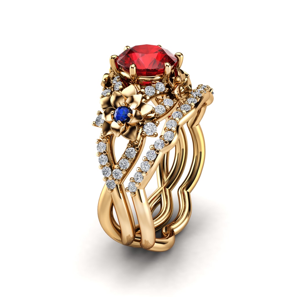 Special Reserved - 14K Yellow gold Lab created Ruby with blue stones ...