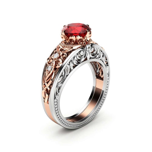 Diamonds Halo Ruby Engagement Ring Braided 2 Toned Gold Ring Majestic ...