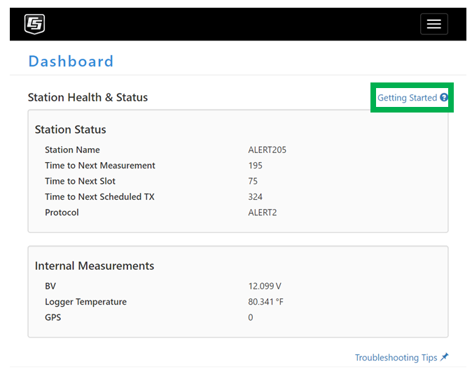 ALERT205 Dashboard interface with link to Getting Started guide