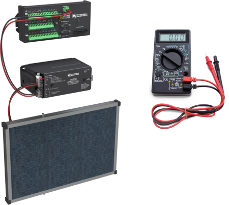 datalogger, power supply, and solar panel wired together with a multimeter