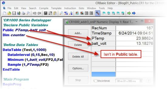 Dim variables do not show up in the Public table