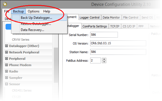 Back Up Datalogger menu item in DevConfig Utility