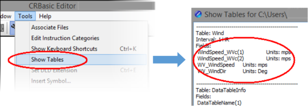 Show Tables menu item with defined field names