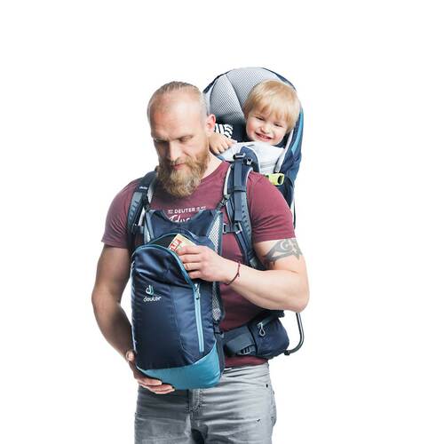 Daypack straps to chest for easy access.