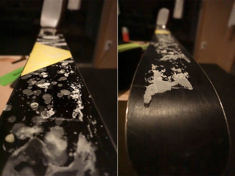 Split image. Left: ski with wax indicating the drip method. Right: ski with wax indicating the smear method