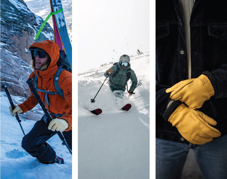 Left: skier climbs a bootpack. Center: skier mid turn. Left: close up of gloves worn in a off hill setting