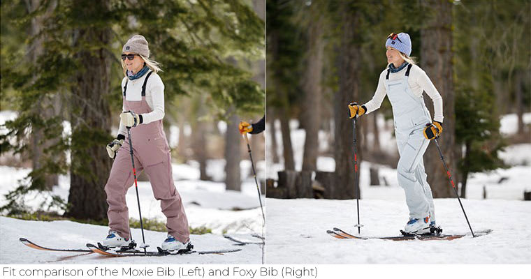 Side by side fit comparison of the Moxie and the Foxy Bibs