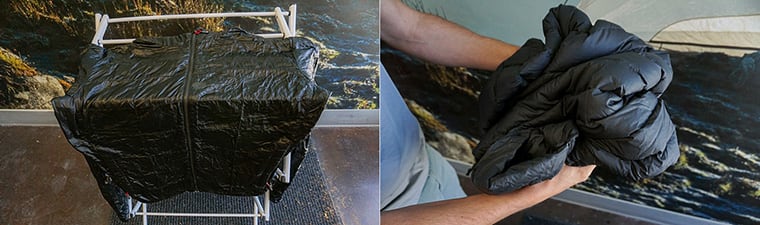 Left: Down jacket hanging on a drying rack. Right: Compressing and expanding the jacket gently by hand to reactivate loft.