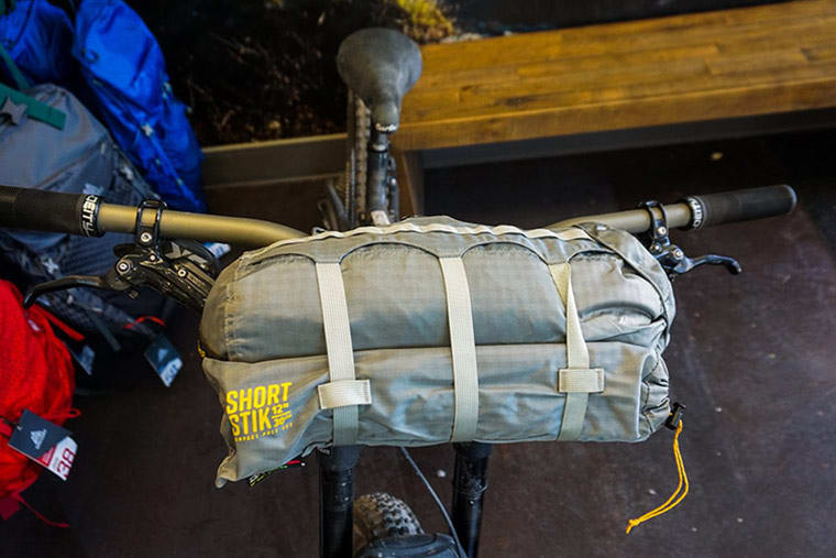 Fly Creek HV UL2 in stuff sack mounted to a bicycle on the handlebars