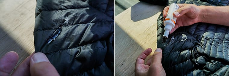 Left: tear in jacket repaired with Seam Grip. Right: applying Seam Grip to the tear.