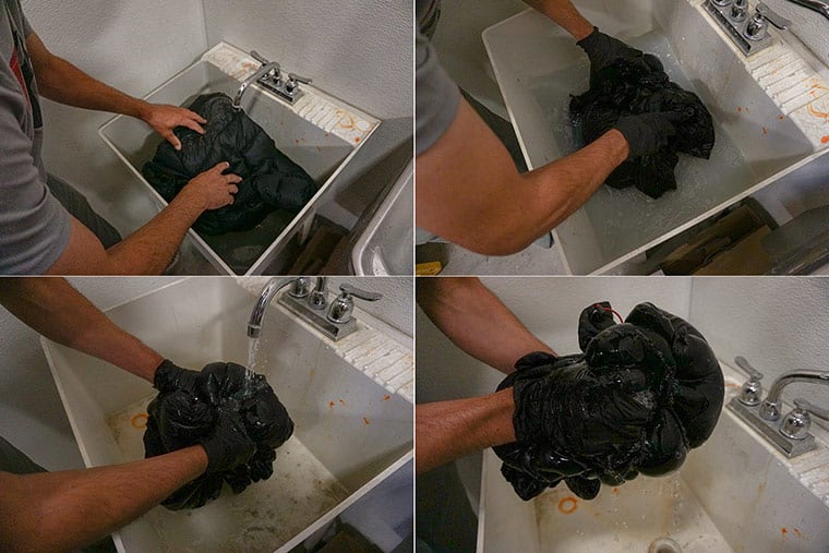 Hand washing a down jacket in a sink. Top left: soaking the jacket. Top Right: working detergent into the jacket. Bottom Left: Rinsing with cold water. Bottom Right: Gently squeezing water out of the jacket.