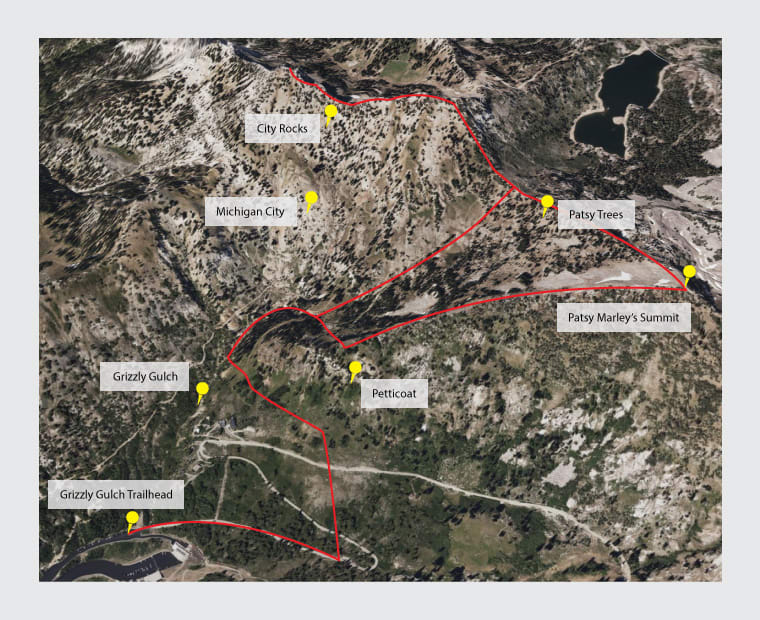 Terrain map of the Grizzly Gulch ski area showing ski runs