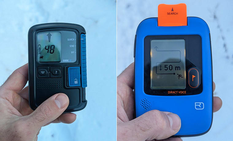 Black Diamond Guide BT Ortovox Diract Beacons in search mode side by side.