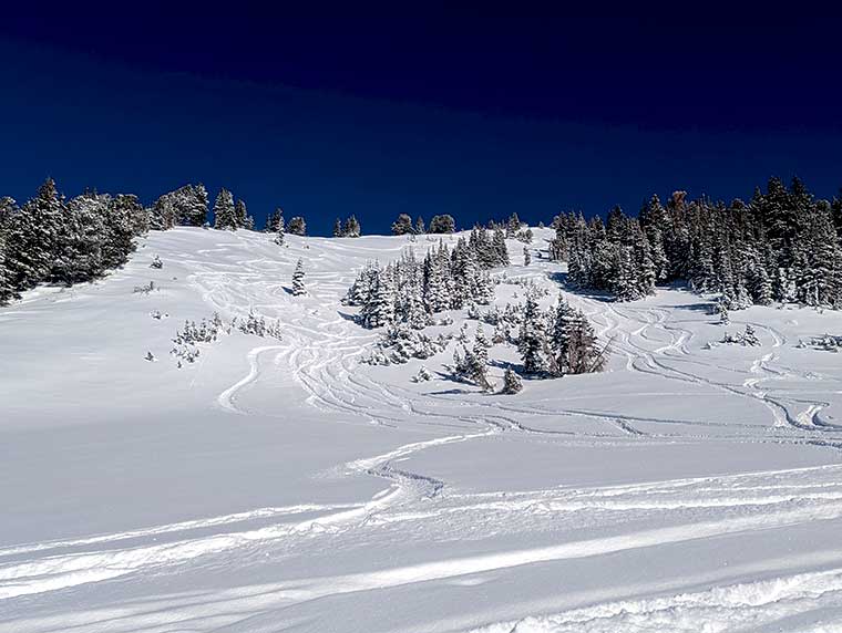 Ski tracks coming down the Honeycomb Ridge Ski Runs