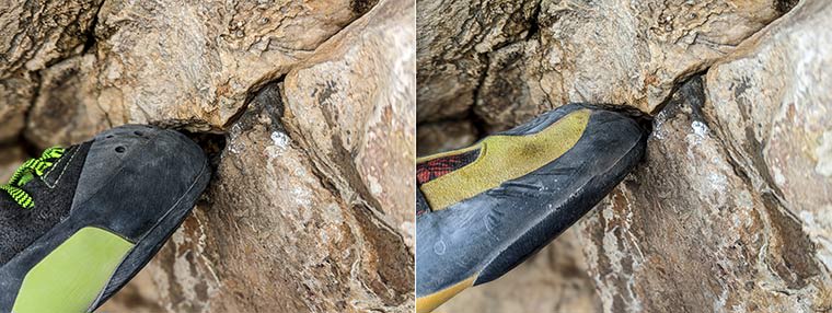 Side by side of the SCARPA Mago and La Sportiva Skwama highlighting the difference in toe volumes