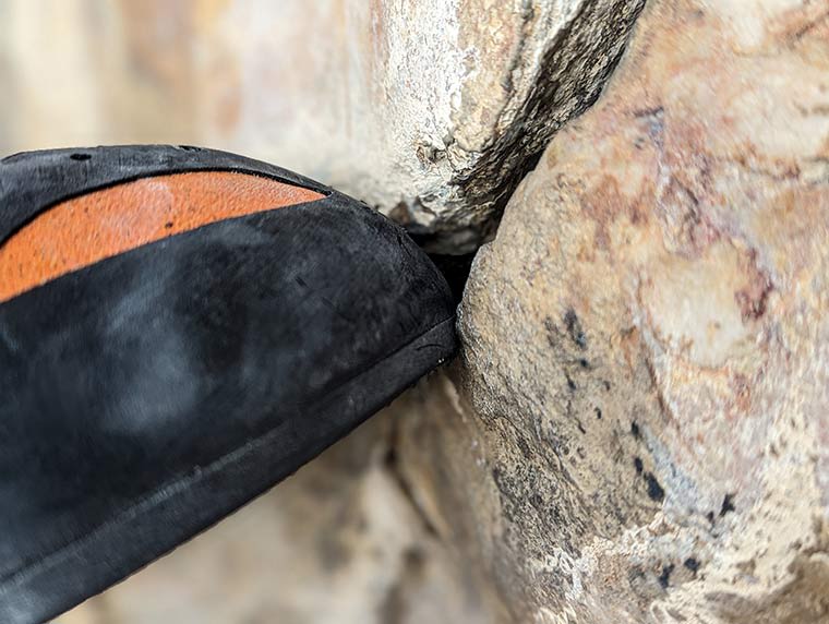 Close up of the SCARPA Instinct toe profile trying to fit into a small crack