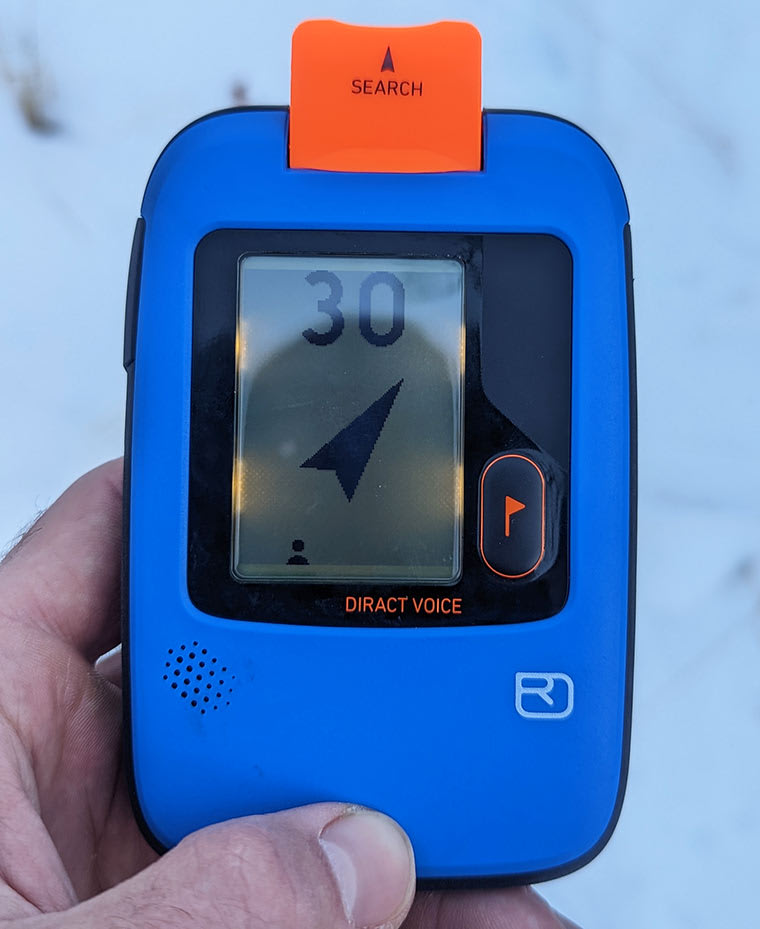 Close up of the Diract Voice Avalanche Beacon in search mode showing 30 meters