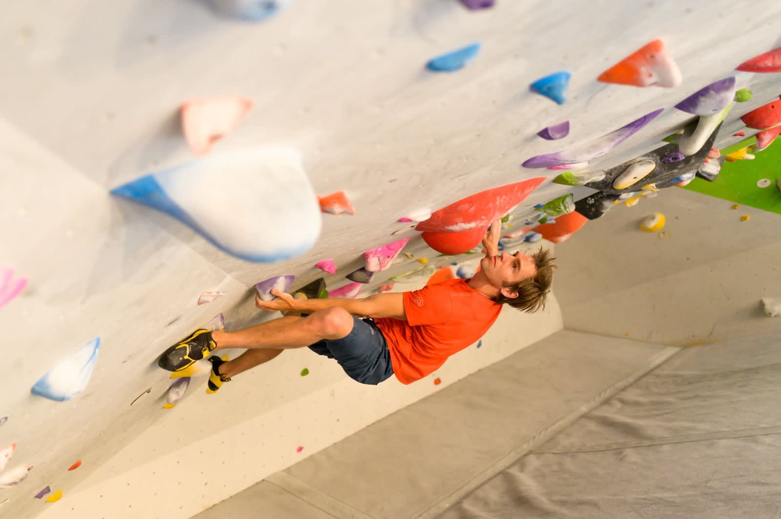 A climber in the gym wearing the La Sportiva Solution Comp climbing shoe