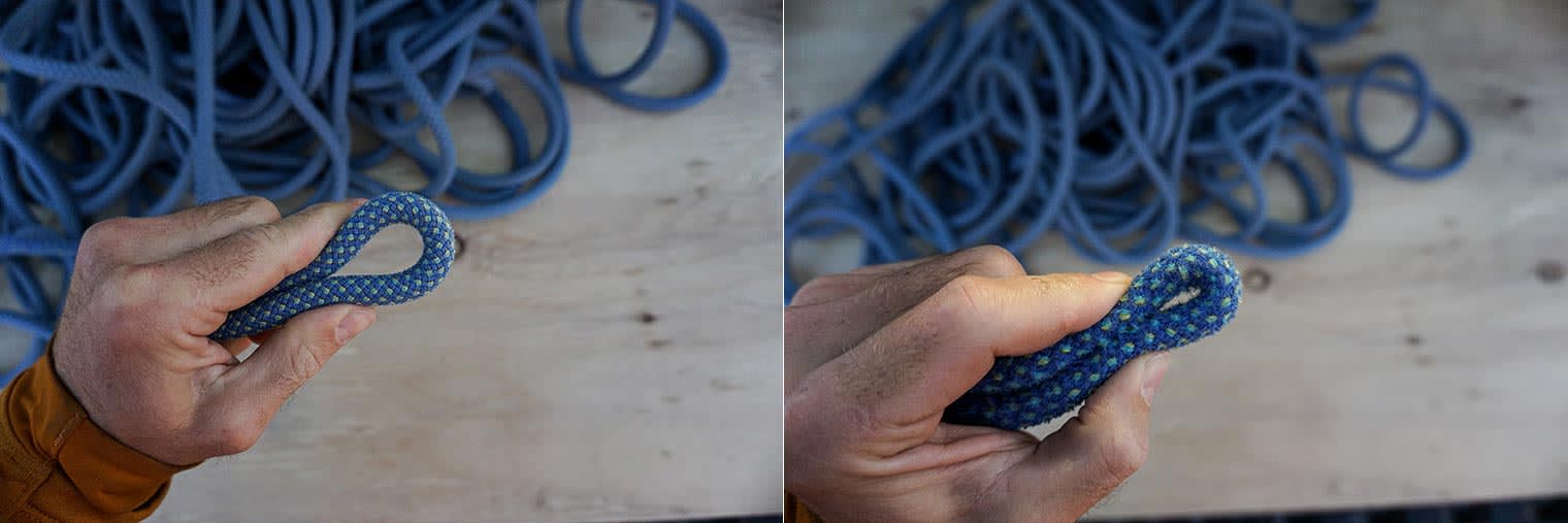 Showing how to test for a soft spot in a climbing rope.