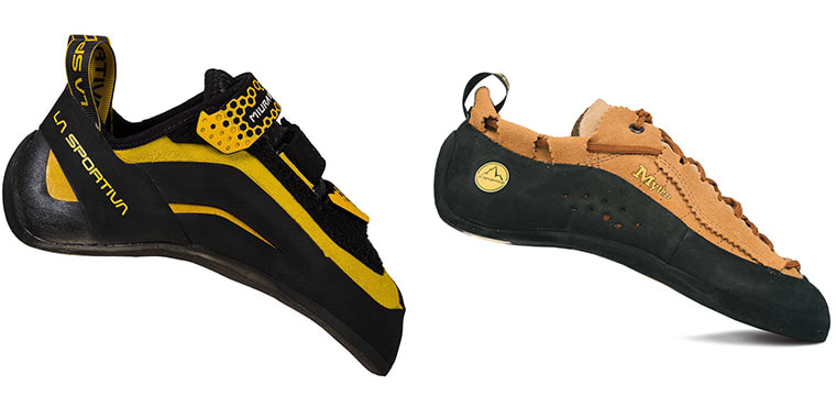 Climbing shoes side-by-side showing a flat vs aggressive shoe profile