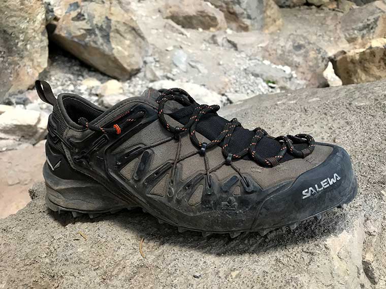 The Salewa Wildfire Edge Approach Shoe on a rock at the crag