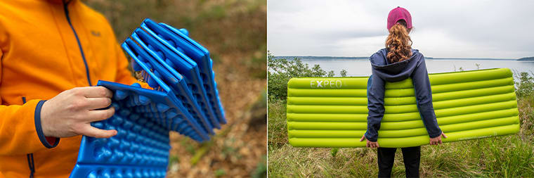 Side by side of a closed-cell foam sleeping pad and an air-inflatable sleeping pad