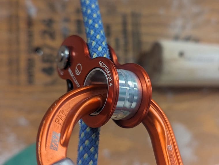 Close-up of Ropeman 4 attached to a climbing rope in use