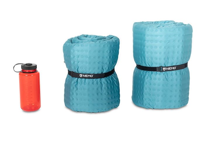 Packed Size Nemo Roamer packed size in both the long wide and extra long wide sizes compared to a Nalgene water bottle