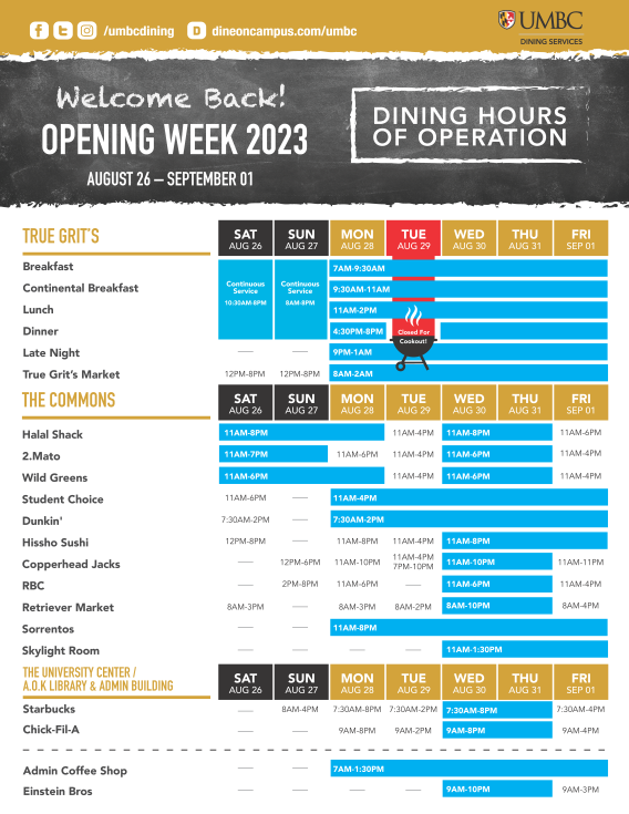 Opening Week Hours Dining UMBC Family Connection