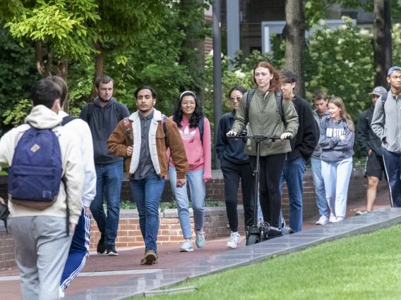 Students outside walking to class