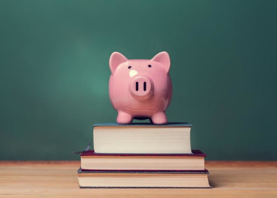 A pink piggy bank sits atop a stack of books