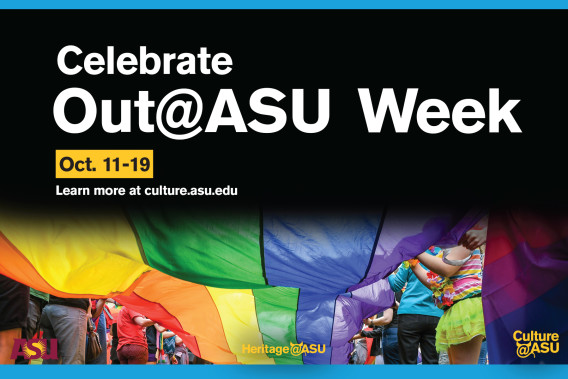 Event flyer for OUT@ASU Week with a rainbow PRIDE flag pictured on the bottom