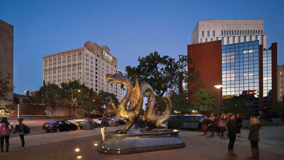 Drexel dragon statue outside on campus