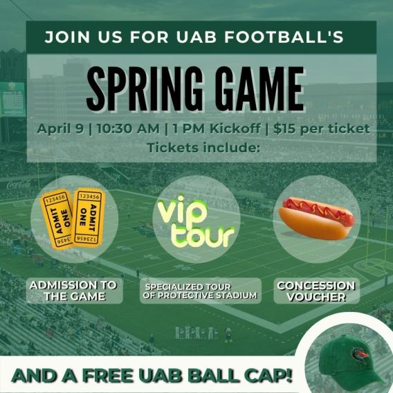 Join us on Saturday, April 9 for a fun-filled day with the UAB Green & Gold Spring football game, unique behind the scenes opportunities, and much more. 