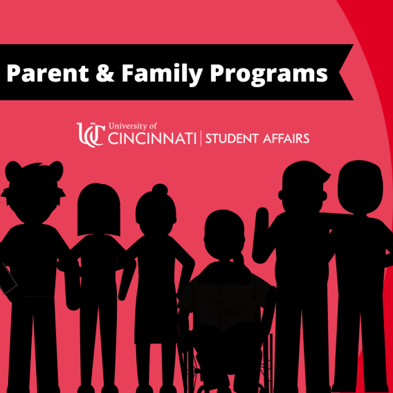 Image of family members with the UC Bearcat with text "Parent & Family Programs" and UC Student Affairs logo