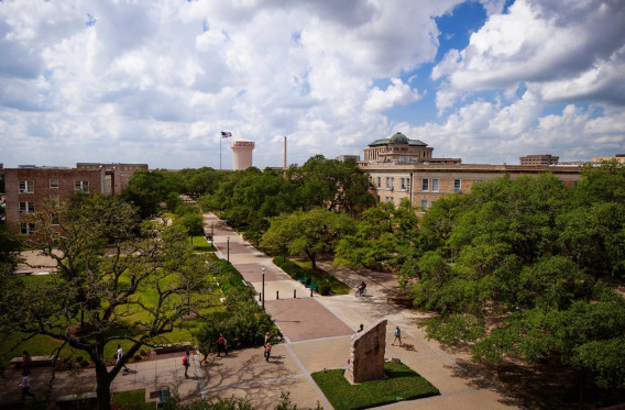 An aerial view of military walk on Texas A&M’s campus