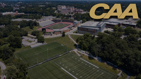 Aerial view of campus with CAA logo