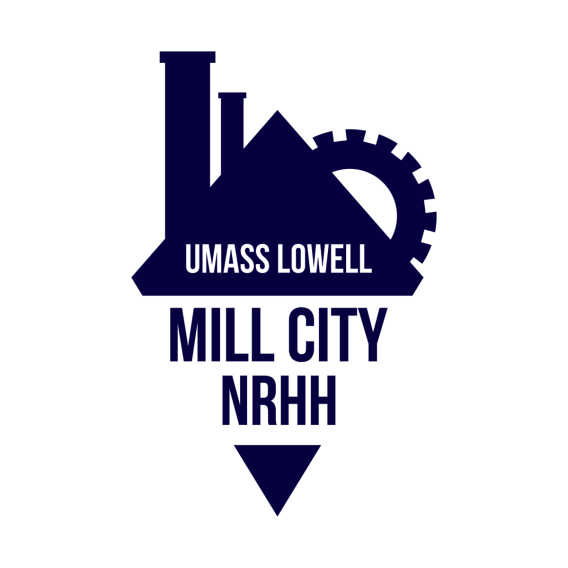 Blue diamond organizational logo that has UMass Lowell Mill City NRHH inside the logo.