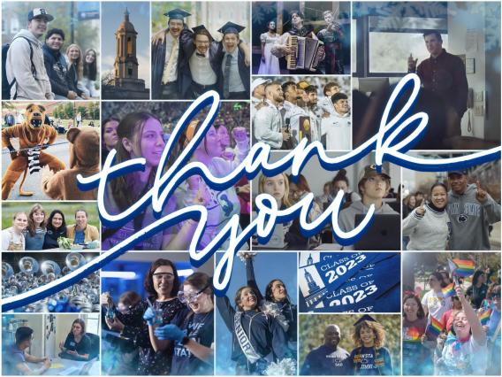 A photo collage of happy Penn State community members with the words "thank you" written on top.