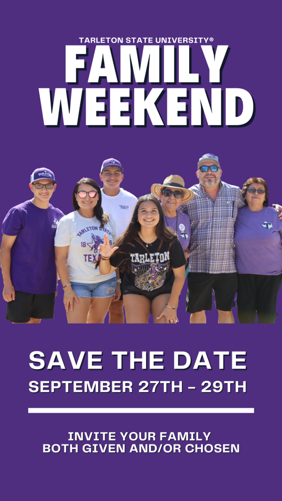 A promotional poster inviting attendees to Tarleton State University's Family Weekend from September 27th to 29th.