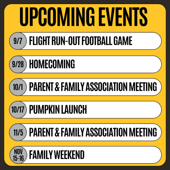 An event schedule listing upcoming activities including a football game, homecoming, meetings, a pumpkin launch, and family weekend.