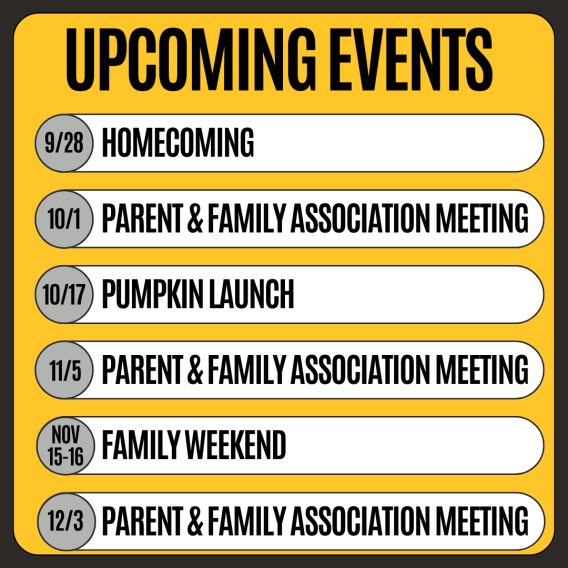 An event schedule listing upcoming activities including a football game, homecoming, meetings, a pumpkin launch, and family weekend.