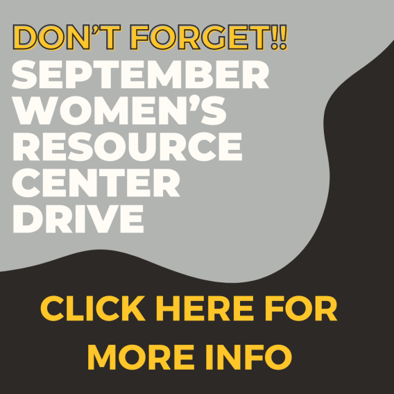 A reminder notice for the September Women's Resource Center Drive, with a prompt to click for more information.