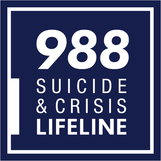 The image displays a sign for the "988 Suicide & Crisis Lifeline" with a blue background and white text.