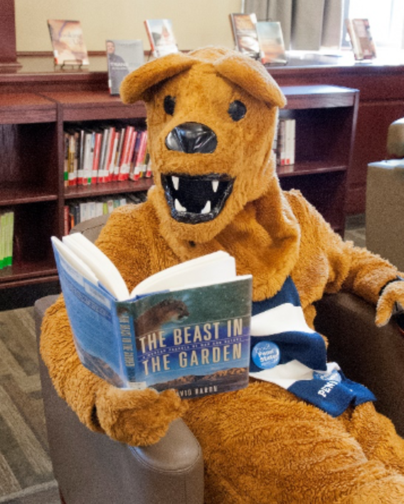 PSU mascot reading a book