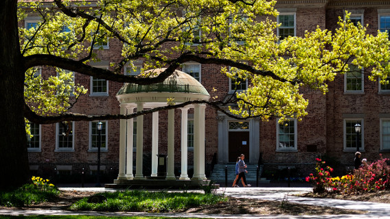 students walking near the old well