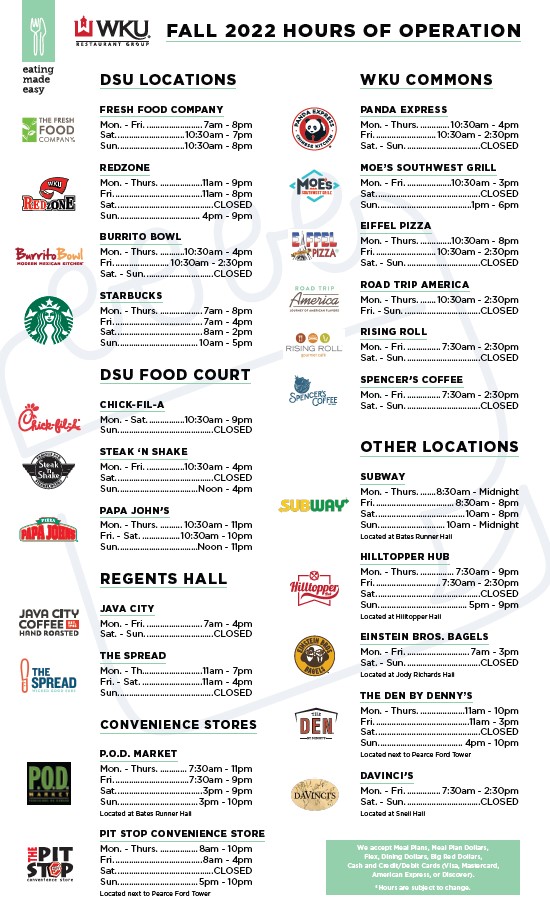 Wku restaurant group hours of the wku parent family portal