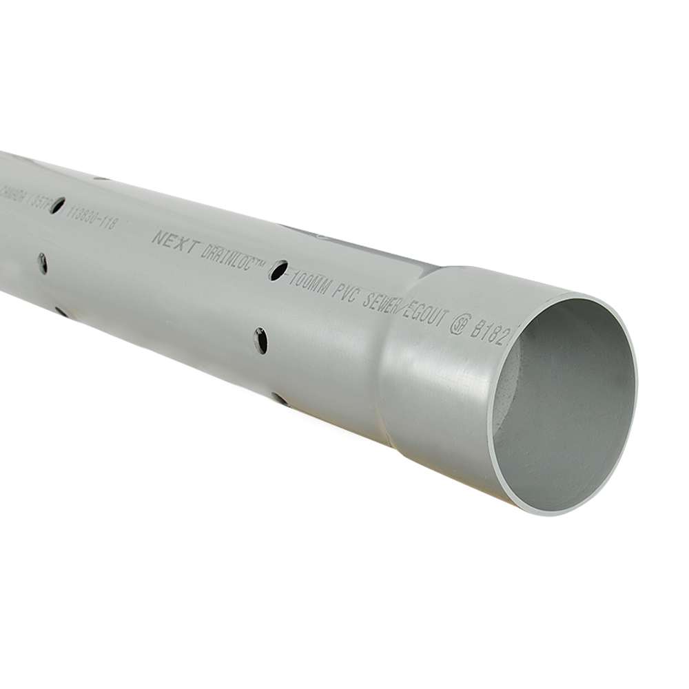 Tuyau de drainage PVC/BNQ Ocre ferreuse 4 po x 10 pi perforé 7 trous